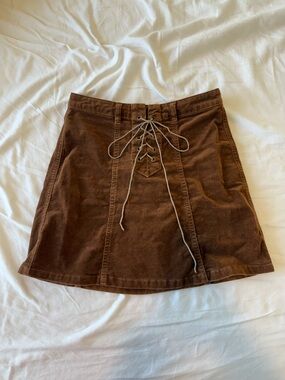 Sky and Sparrow Brown Corduroy A-Line Skirt with Lace-Up Front